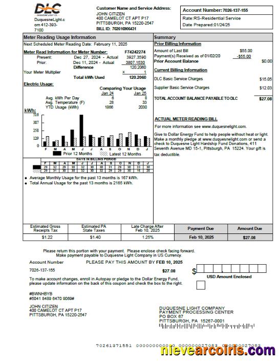 USA Duquesne Light Company utility bill